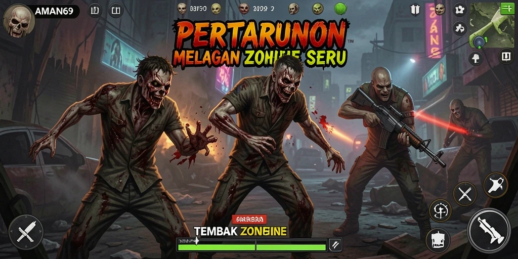 Tampilan antarmuka dan gameplay seru dari AMAN69 menghadapi gelombang zombie.