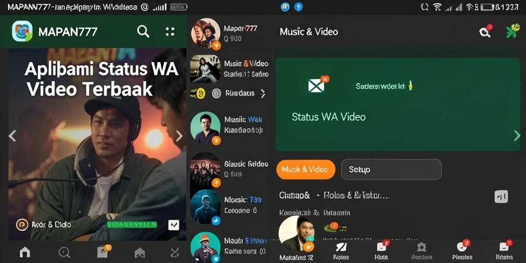 Antarmuka aplikasi MAPAN777 dengan pilihan video Status WA.
